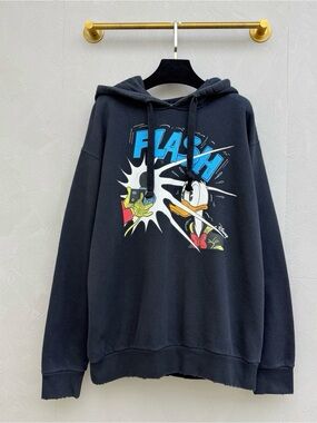 🚩steal Gucci Black Hoodie with Blue FLASH Graphic and Cartoon Print